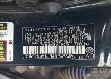 2018 Toyota Corolla Xse из США, поврежденный, VIN 2T1BURHE5JC110079